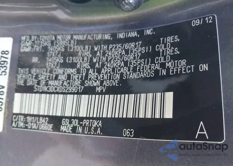 2013 Toyota Sienna Xle V6 8 Passenger z USA, uszkodzony, nr VIN 5TDYK3DCXDS299017